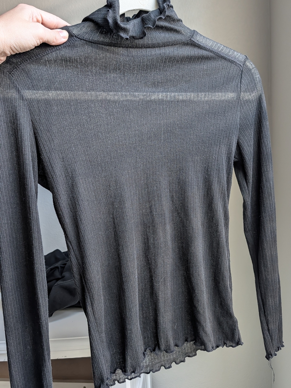 Women's Ribbed Sheer Turtleneck Top - 90% Cotton Black Size M